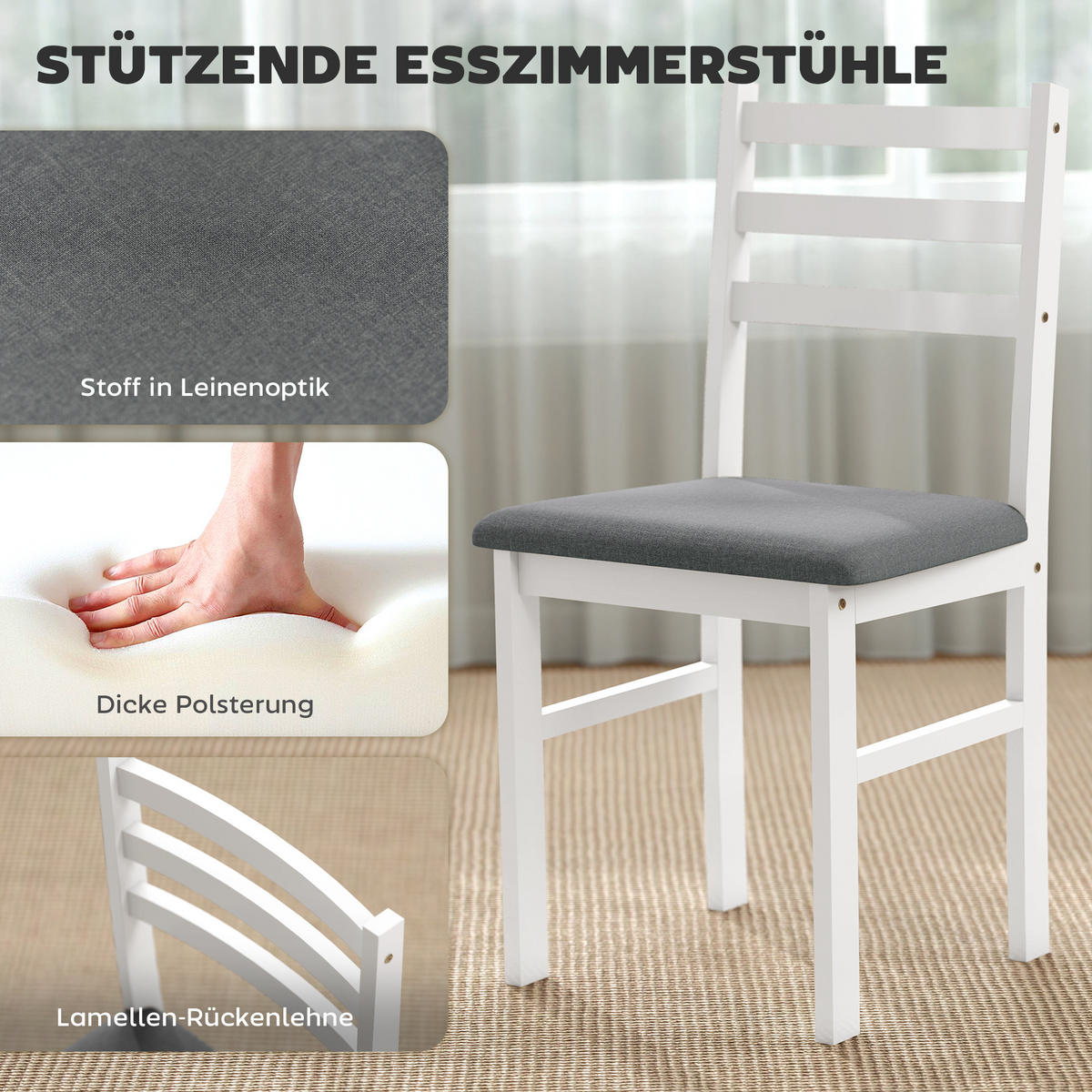 ESSGRUPPE 3er Set Kautschukholz MDF Weiß - Weiß/Grau, Holz/Textil (60/74.5/80cm) - HOMCOM