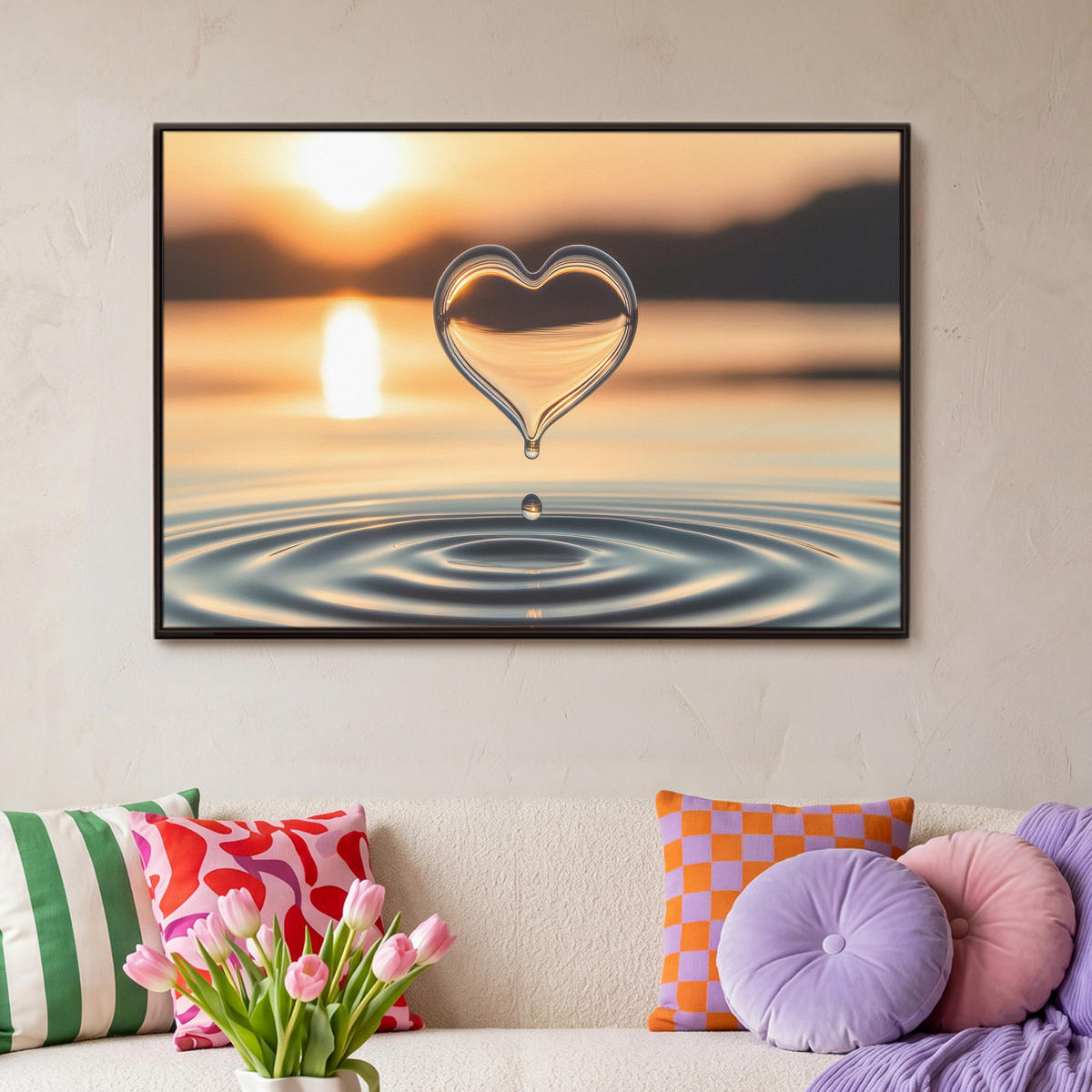 LEINWAND Bilder mit Rahmen - Herz - Wasser - Sonnenuntergang - Natur - Zen - 90x60 - Bernsteinfarben, Textil (90/60cm) - MuchoWow