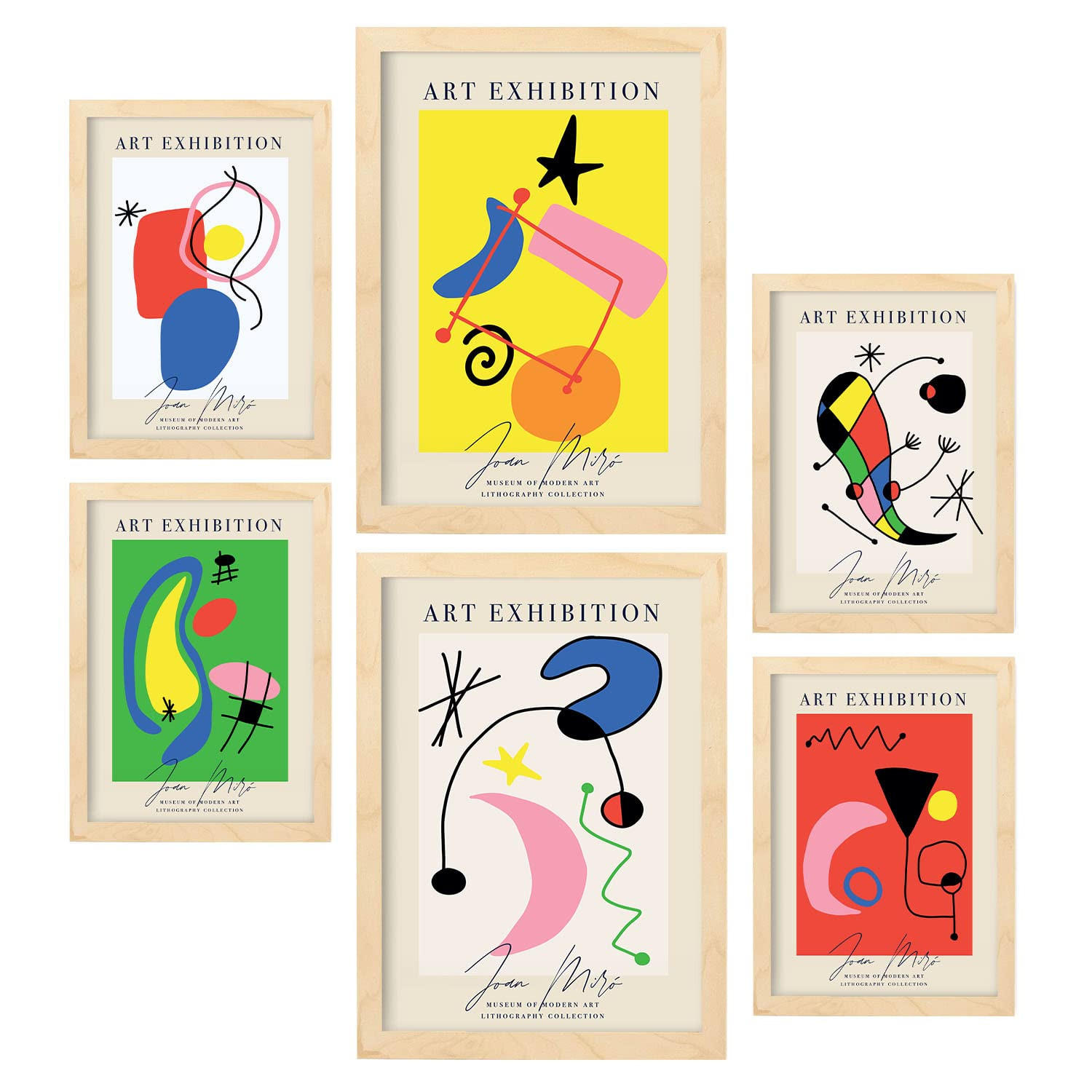 POSTER Set Mit 6 Miró Kunst Sammlung A3 & A4 Rahmen Aus Hellem Holz - Beige, Papier (29/3cm) - Nacnic