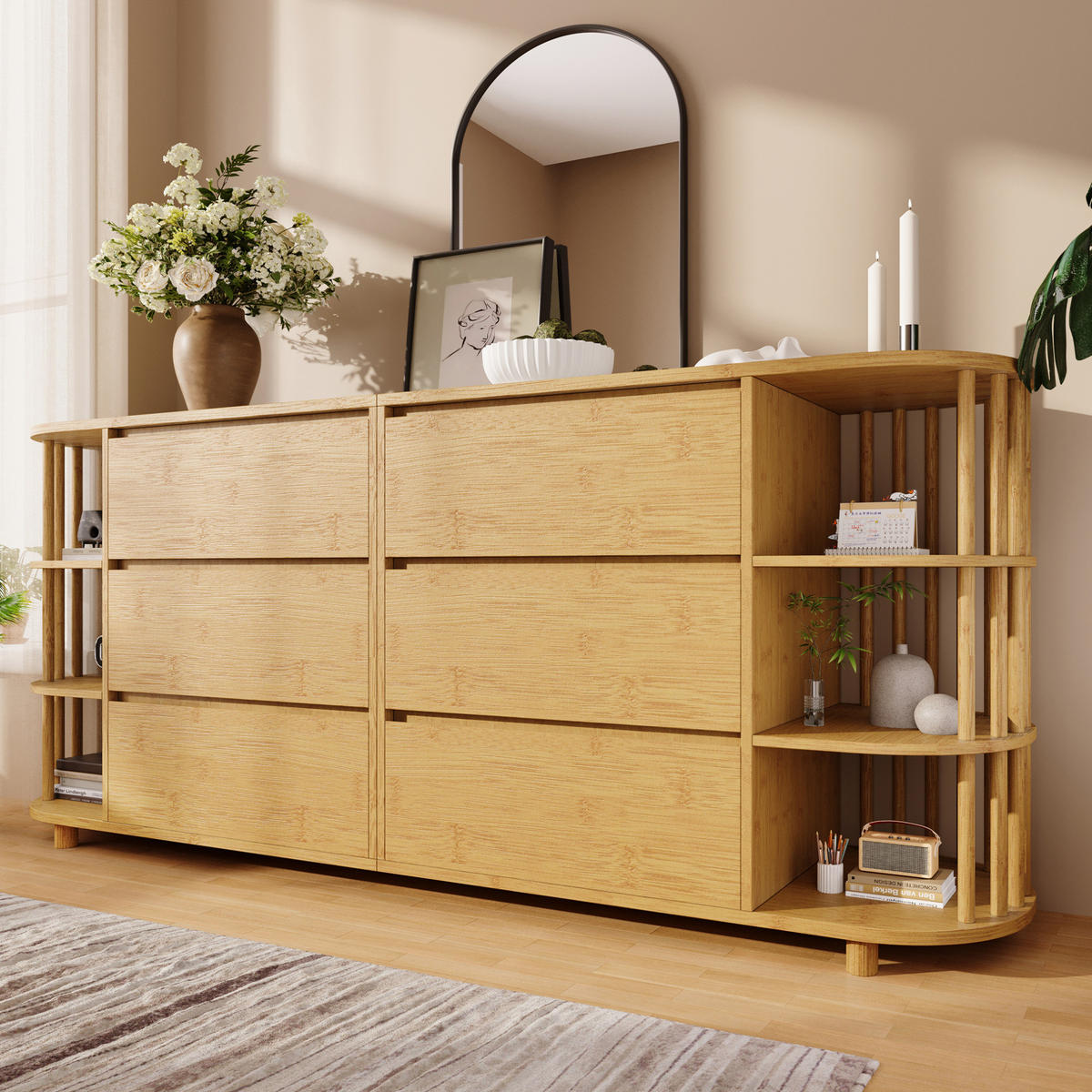SIDEBOARD 160/40/75 cm Eiche aus MDF und Bambus mit 6 Schubladen - Naturfarben, Holzwerkstoff (40/75/160cm) - OKMYHOME