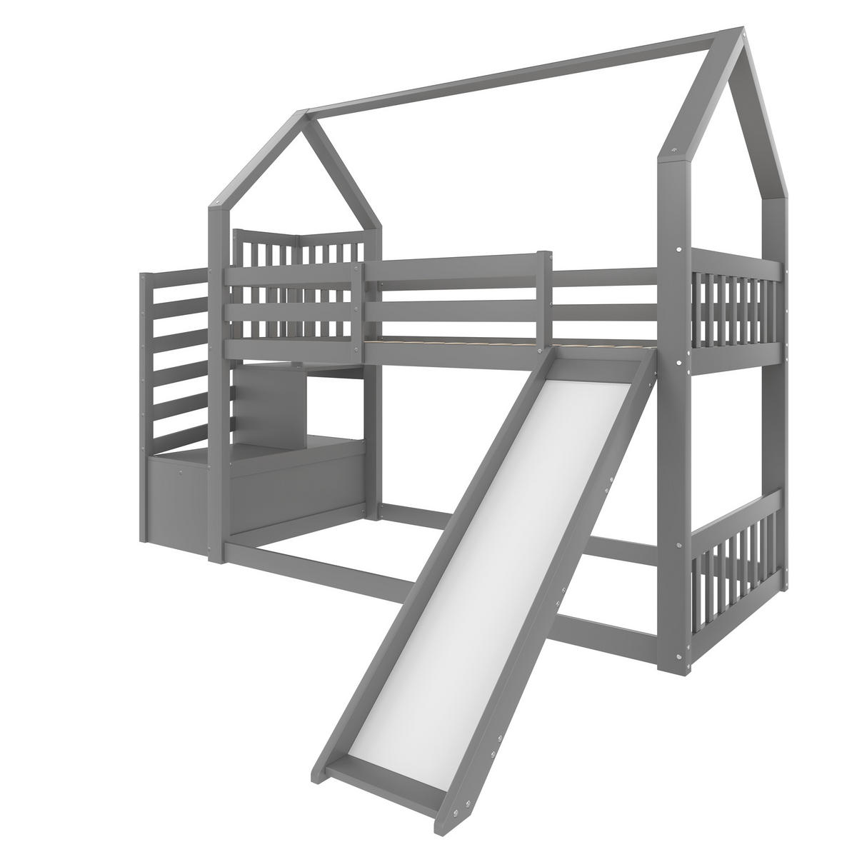 ETAGENBETT 90/200 cm grau mit Stauraumtreppe und Rutsche - Grau, Holz (90/200cm) - OKWISH