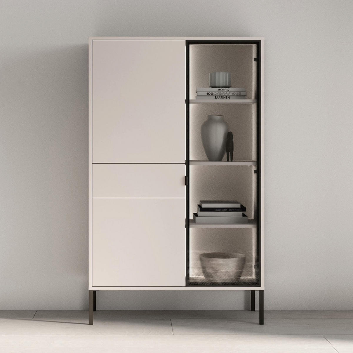 VITRINE Barnee 3-türig Kaschmirgrau, 92 cm - Taupe/Schwarz, Holzwerkstoff/Metall (150/91.6/40cm) - Selsey