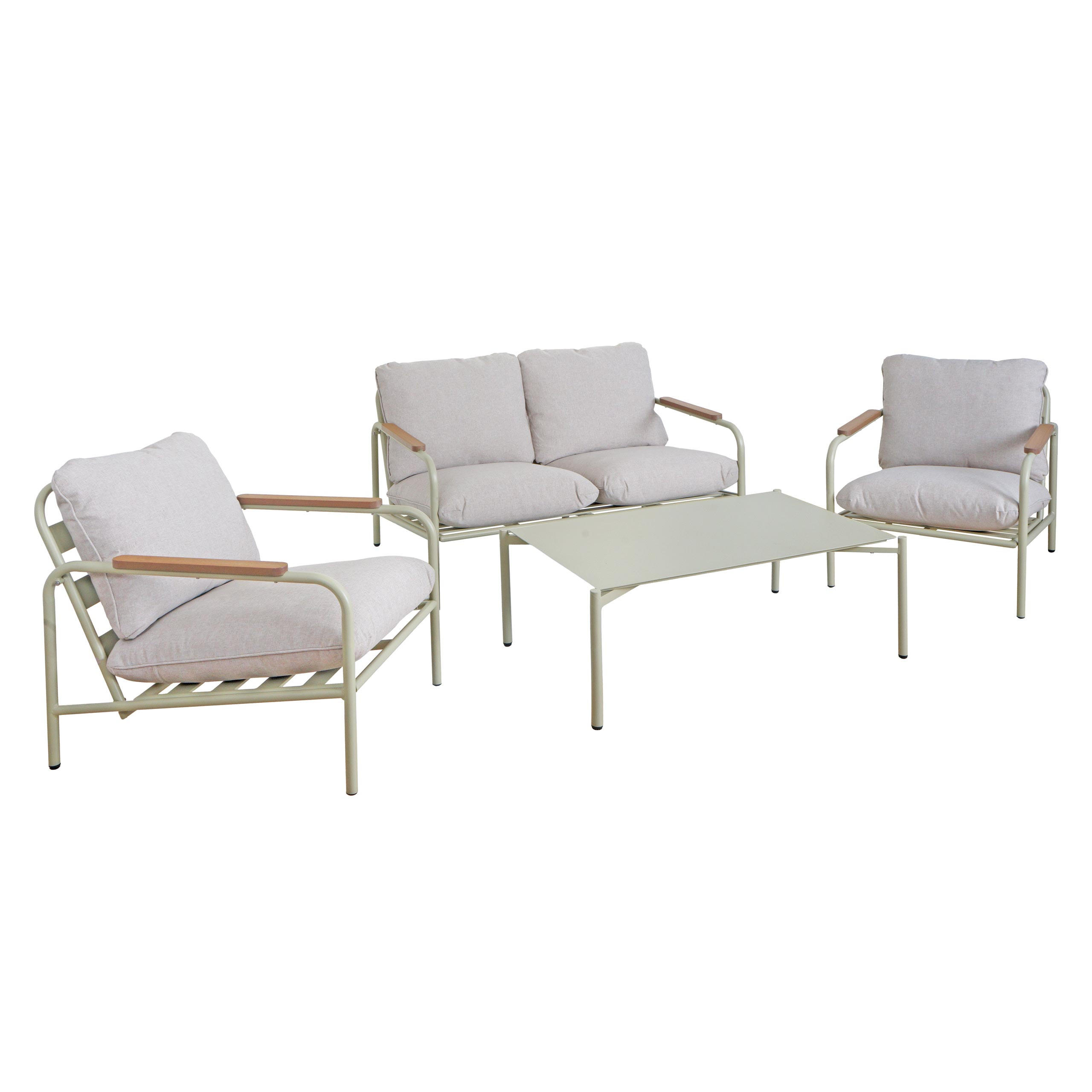 GARTENGARNITUR Hellgrün, Beige 1x 2-Sitzer Gartenbank, 2x Sessel und 1x Tisch-Set - Beige/Hellgrün, Metall - MCW
