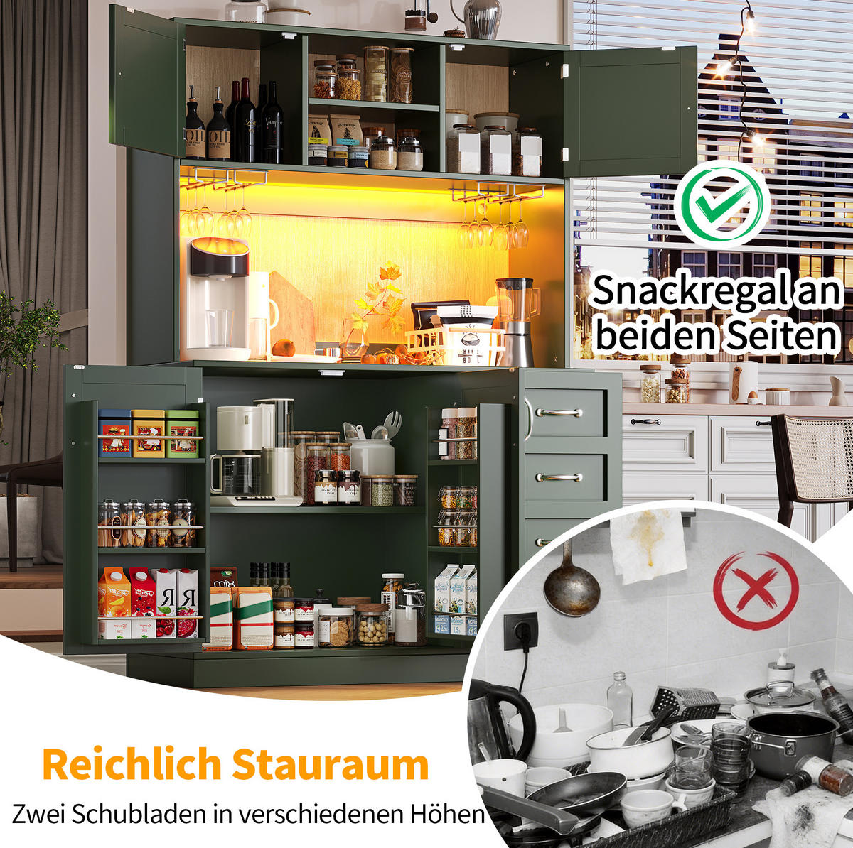 BUFFET 120/40/188 cm aus MDF mit LED-Beleuchtung Grün - Grün, Holzwerkstoff (120/188/40cm) - Modenvie