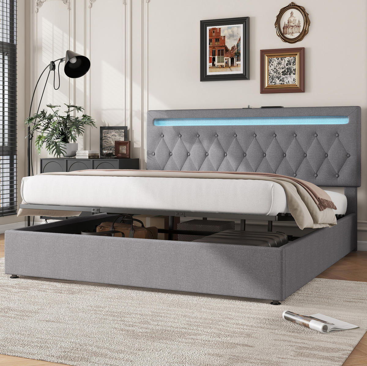 ČALÚNENÁ posteľ z ľanu a MDF 180x200 cm sivá s hydraulickým úložným priestorom, LED osvetlením a USB portom - sivá, textil (180/200cm) - Modfu