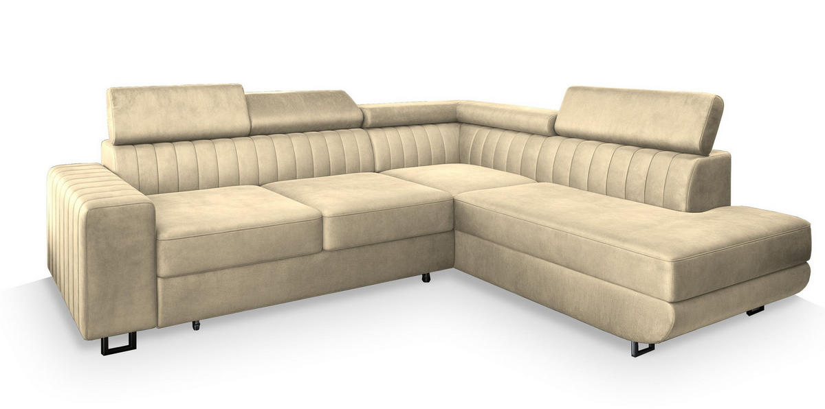 ECKSOFA NOLA R-S Creme Velours-Stoff mit Schlaffunktion - Creme, Holz (253/190cm) - MASSENO