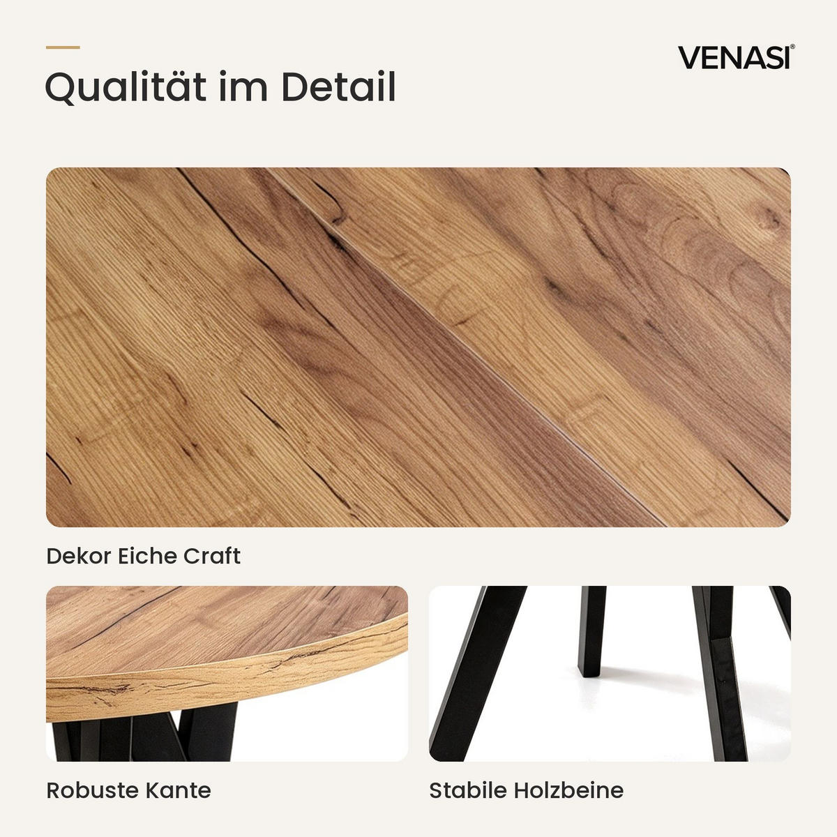 ESSTISCH ausziehbar rund 90-190 cm ATO Craft, Auszugstisch mit Einlegeplatte - Schwarz/Braun, Holzwerkstoff (90/90/77cm) - VENASI MÖBEL