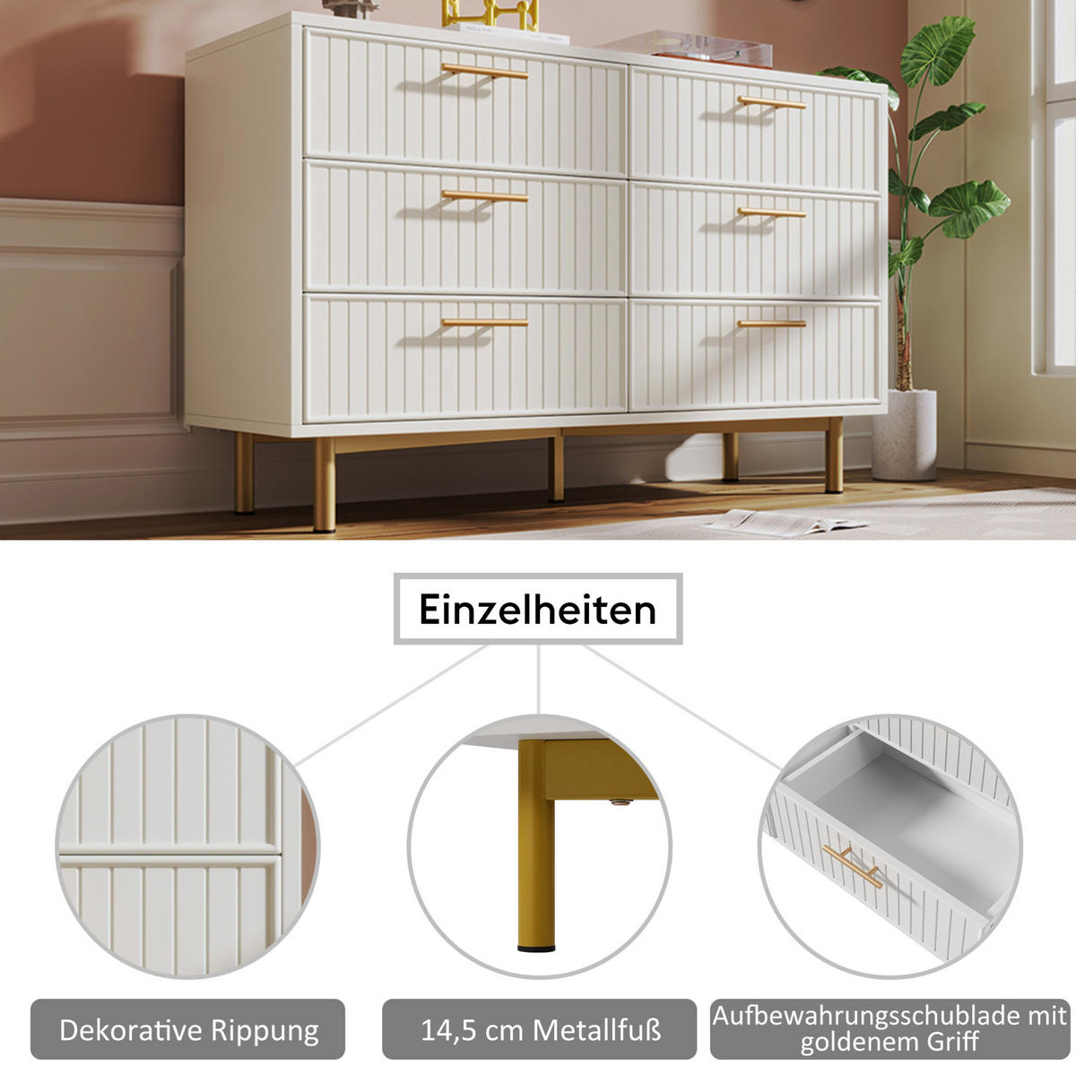KOMODA 120/40/75 cm od iverice bijela sa 6 ladica i metalnim postoljem - bijela, drvni materijal (120/40/75cm) - Modenvie