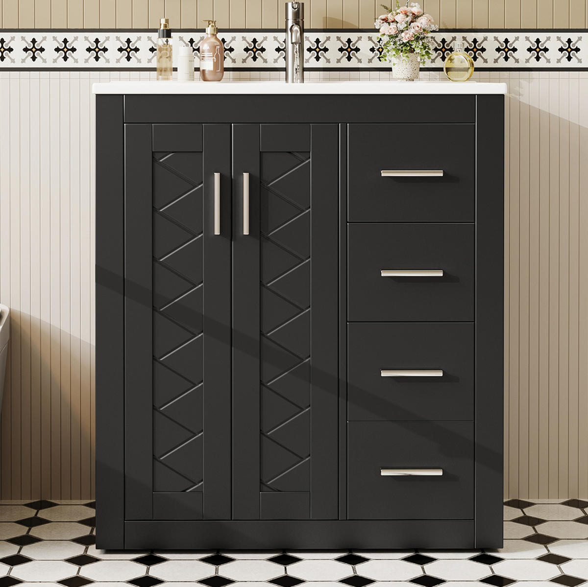 WASCHTISCH mit integriertem Keramikbecken 76 x 46,5 x 85,5 cm Schwarz - Schwarz, Holzwerkstoff (46.5/85.5/76cm) - Beauniv