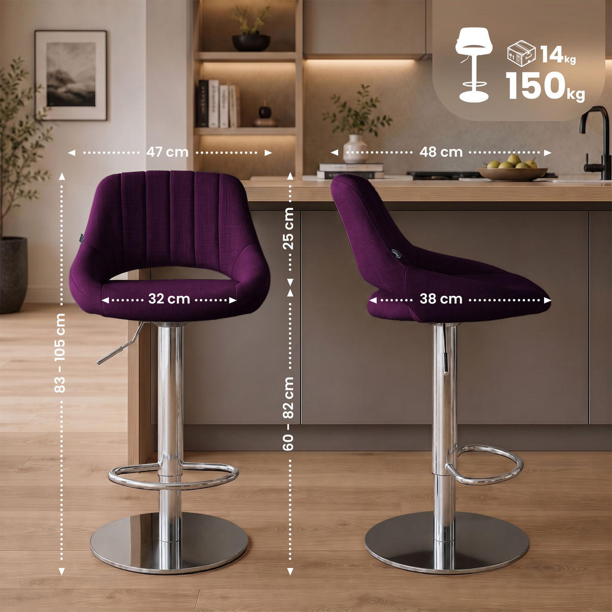 BARHOCKER 2 Stoff Lila - Chromfarben/Lila, Textil/Metall (47/83/48cm) - CLP