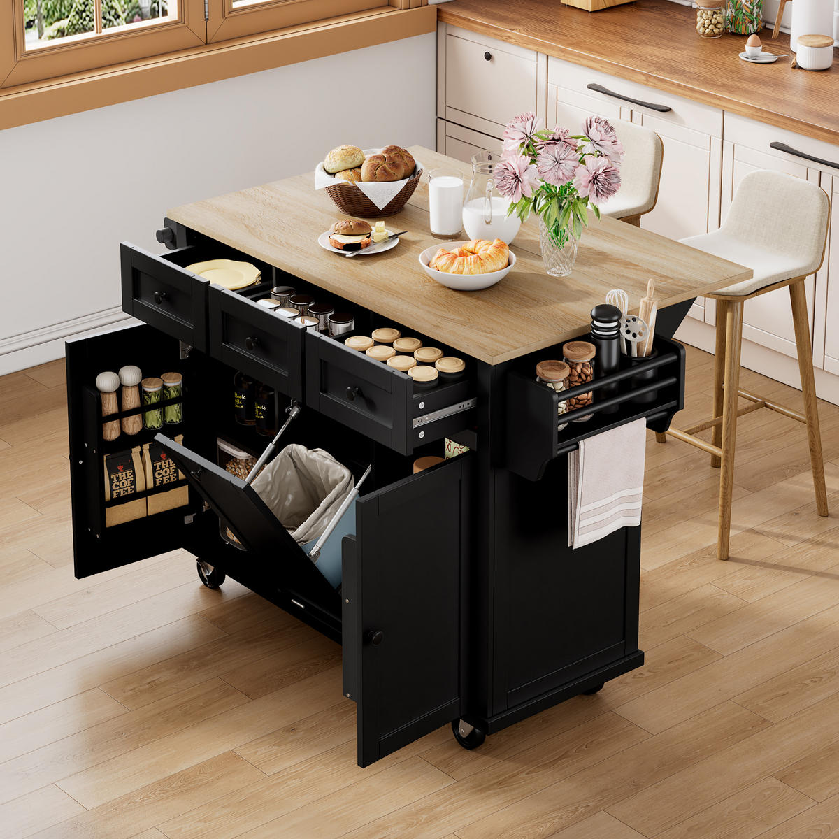 KÜCHENINSEL 112x46.2-76.2x92.7 cm Schwarz mit Ausziehplatte & Mülleimer-Fach - Schwarz, Holzwerkstoff (112/92.7/76.2cm) - Modfu