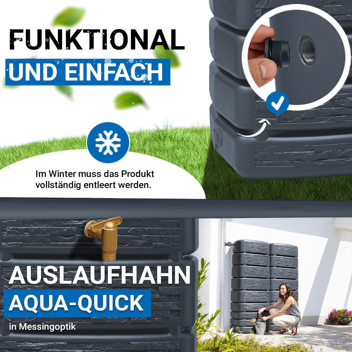 WANDTANK-SET 1000 L, graphite grey 2 x 500 L, inkl. Verbinder - Grau, Kunststoff (51/184/155cm) - 4rain