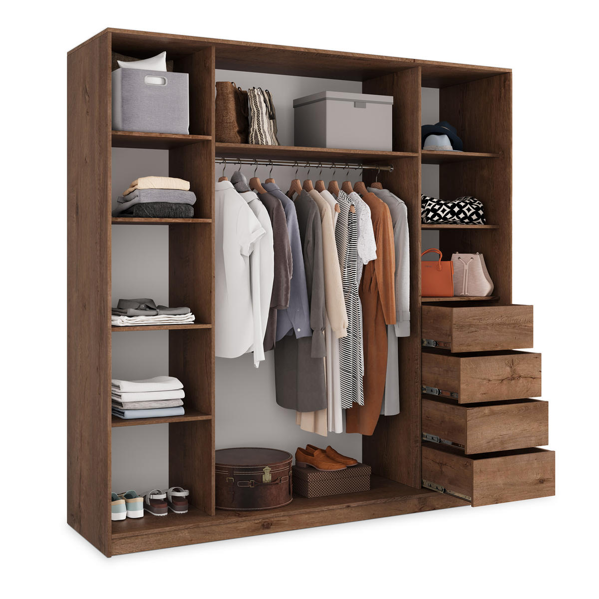 SCHWEBETÜRENSCHRANK SORE 180/205/58 cm 3-türig mit Spiegel und Schubladen Schwarz / Eiche Lefkas - Eichefarben/Schwarz, Holzwerkstoff (180/205/58cm) - MASSENO