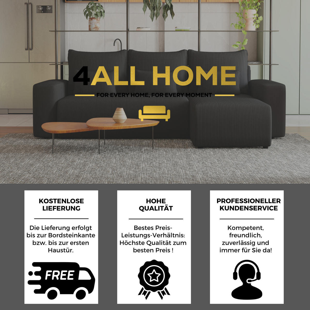 ECKSOFA Travis mit Bettkasten und Schlaffunktion, L-Form, Cord, Universal - Schwarz, Holzwerkstoff (248/148cm) - 4ALL HOME