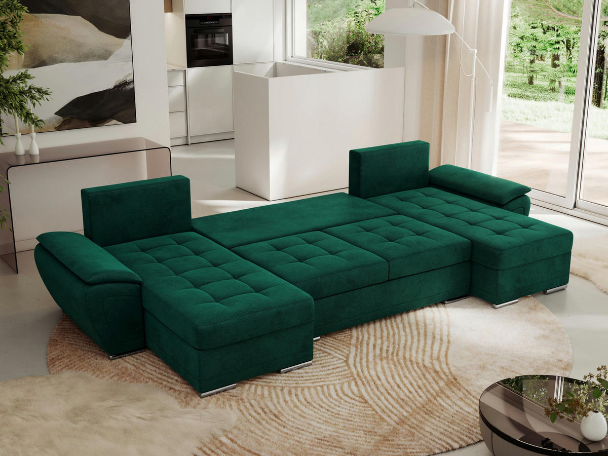 WOHNLANDSCHAFT UMBRIA U Dunkelgrün Velvet - Dunkelgrün/Grau, Textil/Metall (336/85/157cm) - MKS