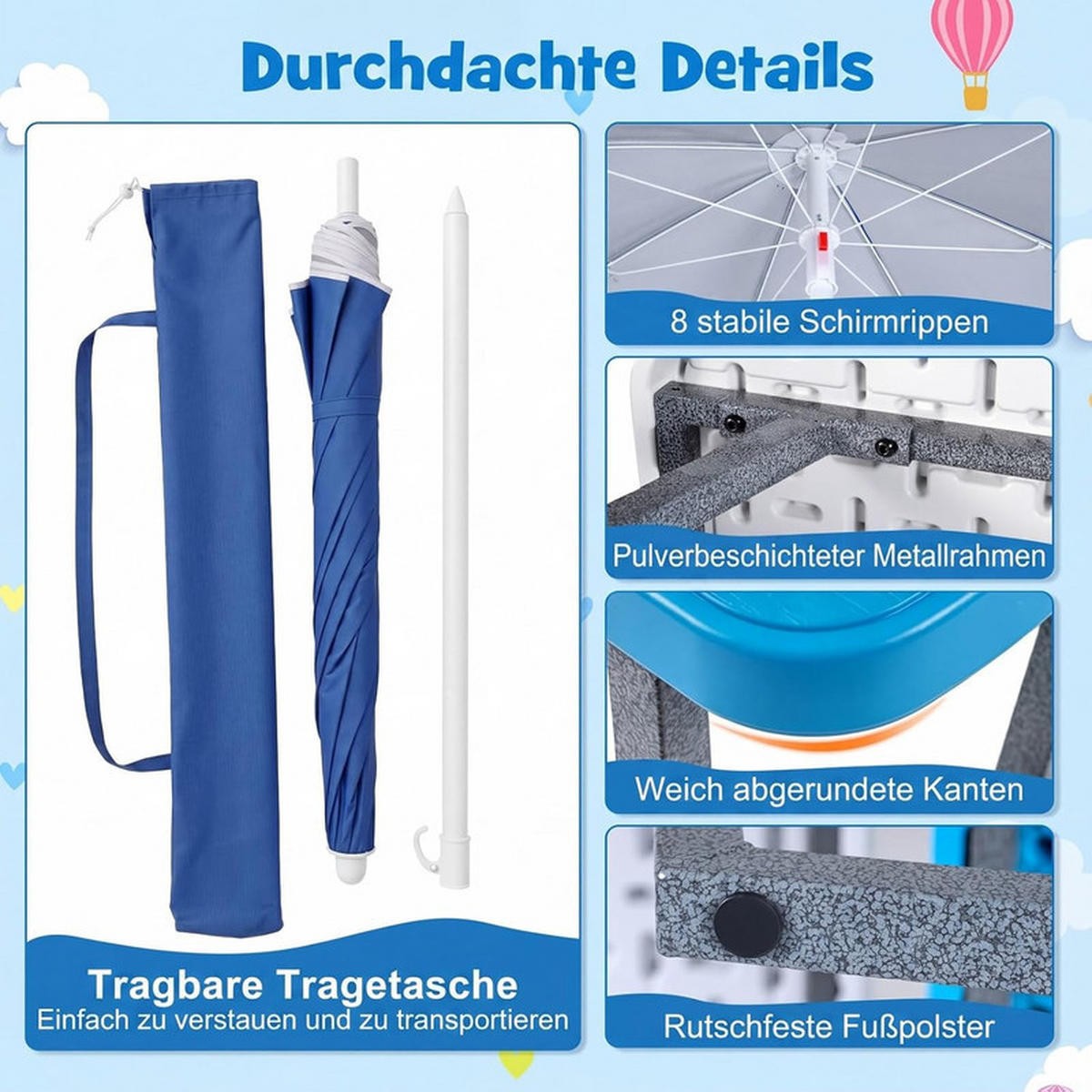 KINDERSITZGARNITUR mit Sonnenschirm blau - Blau, Kunststoff - COSTWAY