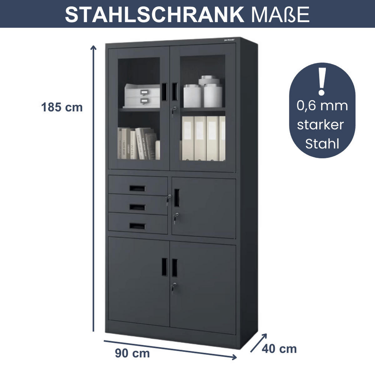 VITRINENSCHRANK abschließbar GEDO mit Tresor 185x90x40cm Anthrazit - Anthrazit, Metall (90/185/40cm) - DELUKE