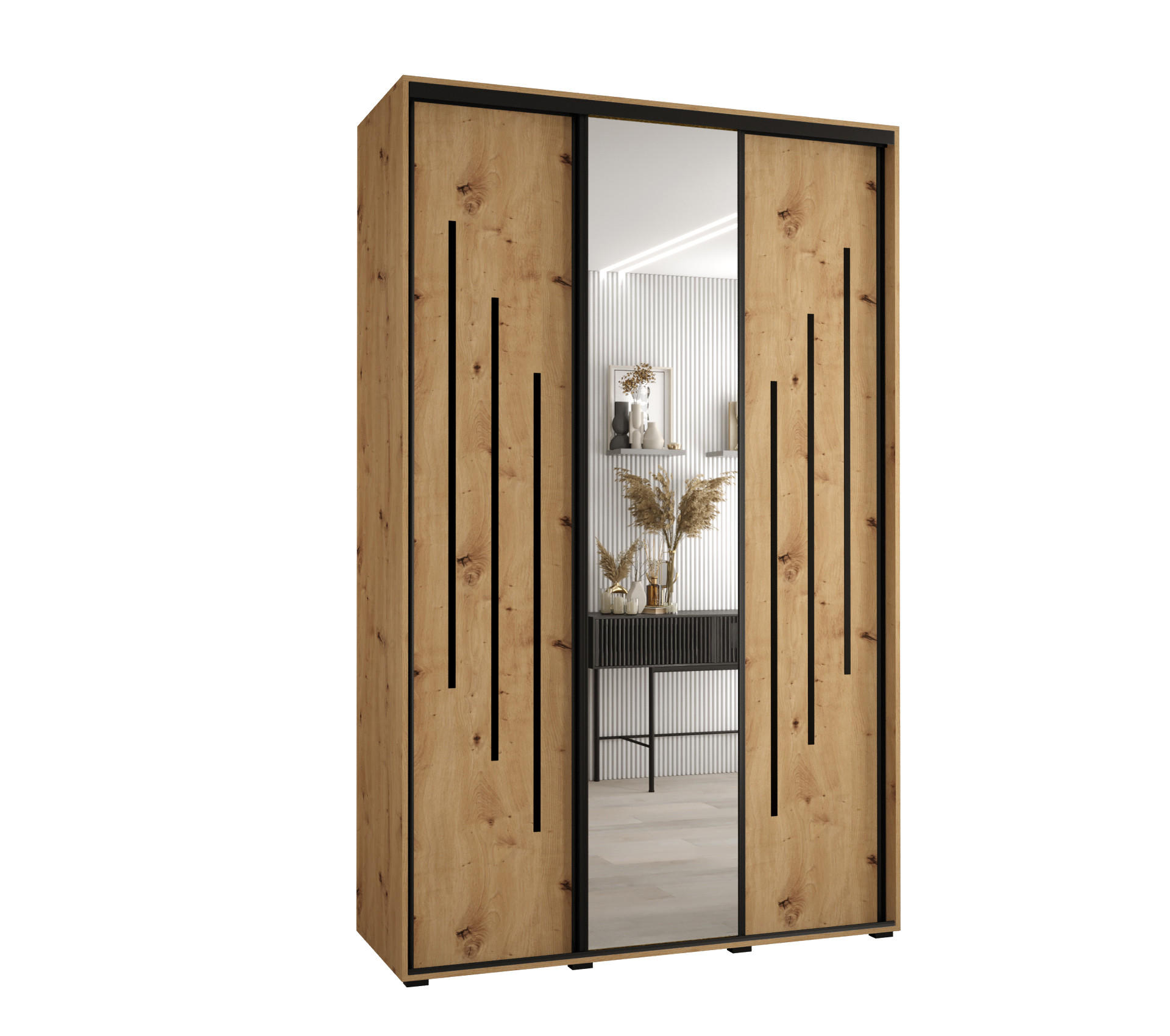 Abiks Möbel Schwebetürenschrank Eiche Artisan, Eiche Artisan, Schwarz 150x235x45 cm