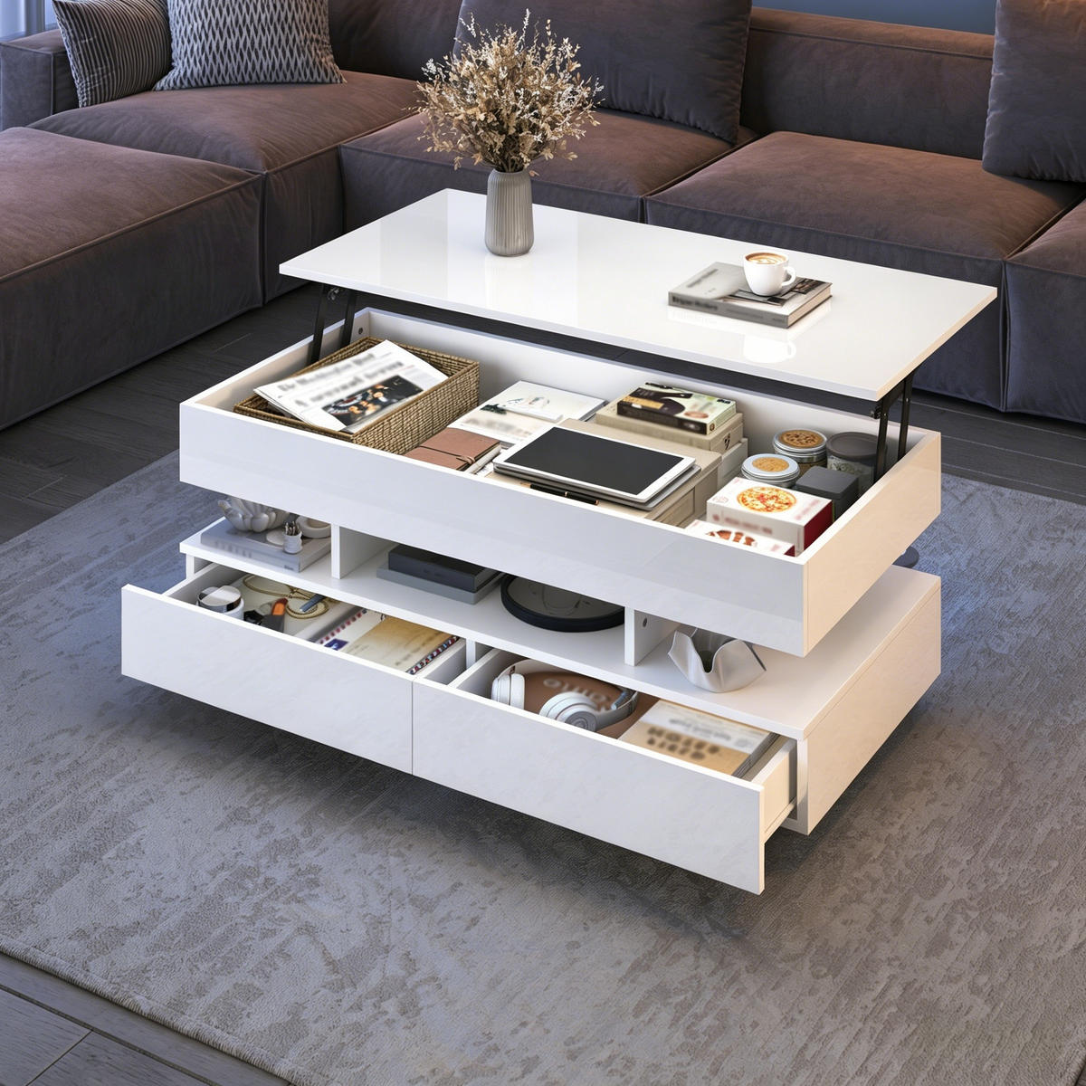 COUCHTISCH in Weiß Höhenverstellbarer Wohnzimmertisch mit LED & Stauraum, Lift-Top bis 58,5cm, 100/50/45cm - Weiß, Holzwerkstoff/Metall (50/100/45cm) - STILVORA
