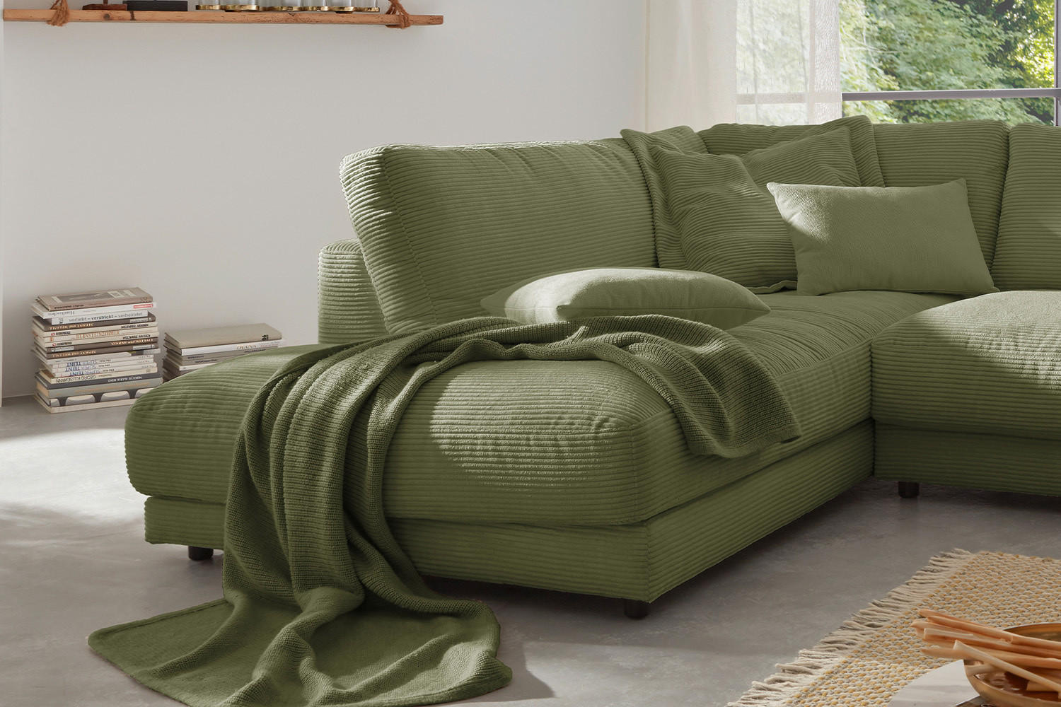 ECKSOFA MADELINE Grün Cord - Schwarz/Grün, Kunststoff/Textil (325/224cm) - KAWOLA