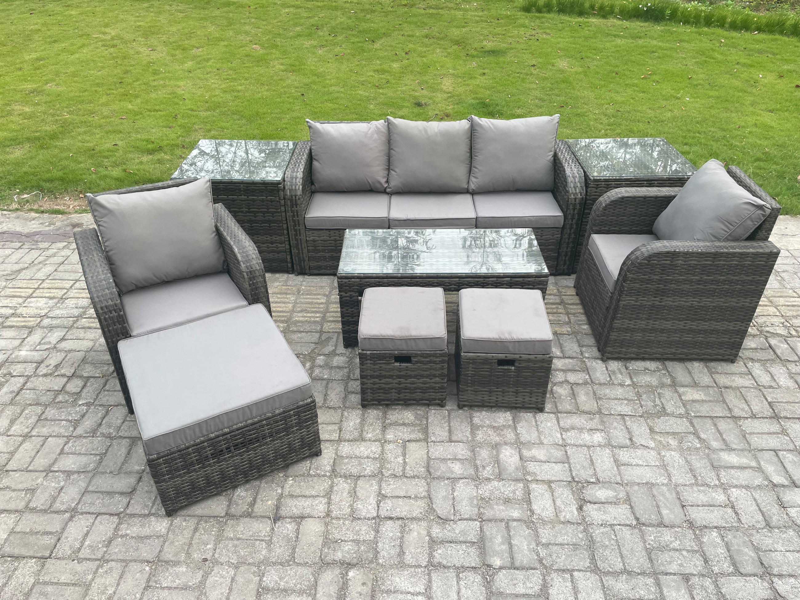 GARTENSOFA SET mit LIEGESTUHL Polyrattan 8-Sitzer Dunkelgrau - Dunkelgrau/Grau, Glas/Kunststoff - Fimous