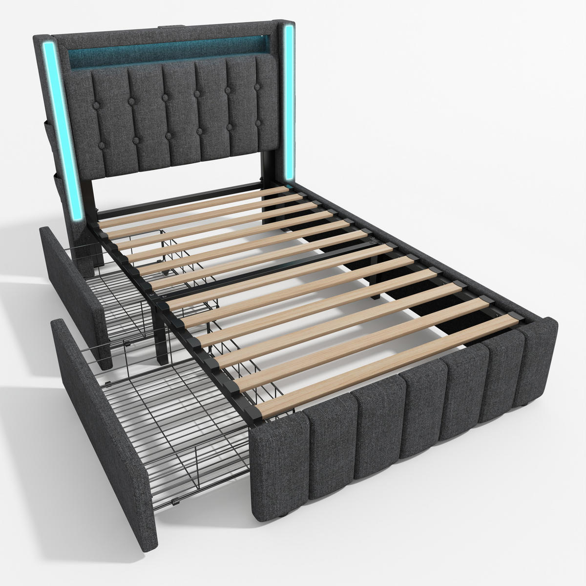POLSTERBETT aus Leinen 90x200 cm Grau mit LED-Beleuchtung, USB- und Typ-C-Anschluss sowie 2 Schubladen - Grau, Textil (90/200cm) - IVMEU