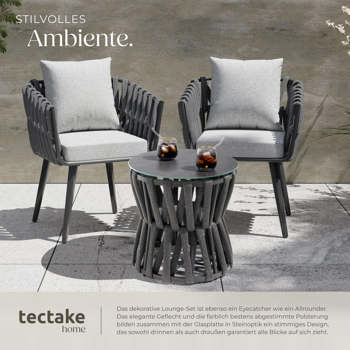 ALUMINIUM GARTENLOUNGE-SET Lugano, höhenverstellbare Kunststofffüße, Sicherheitsglasplatte, anthrazit/grau - Anthrazit/Grau, Kunststoff/Metall - tectake