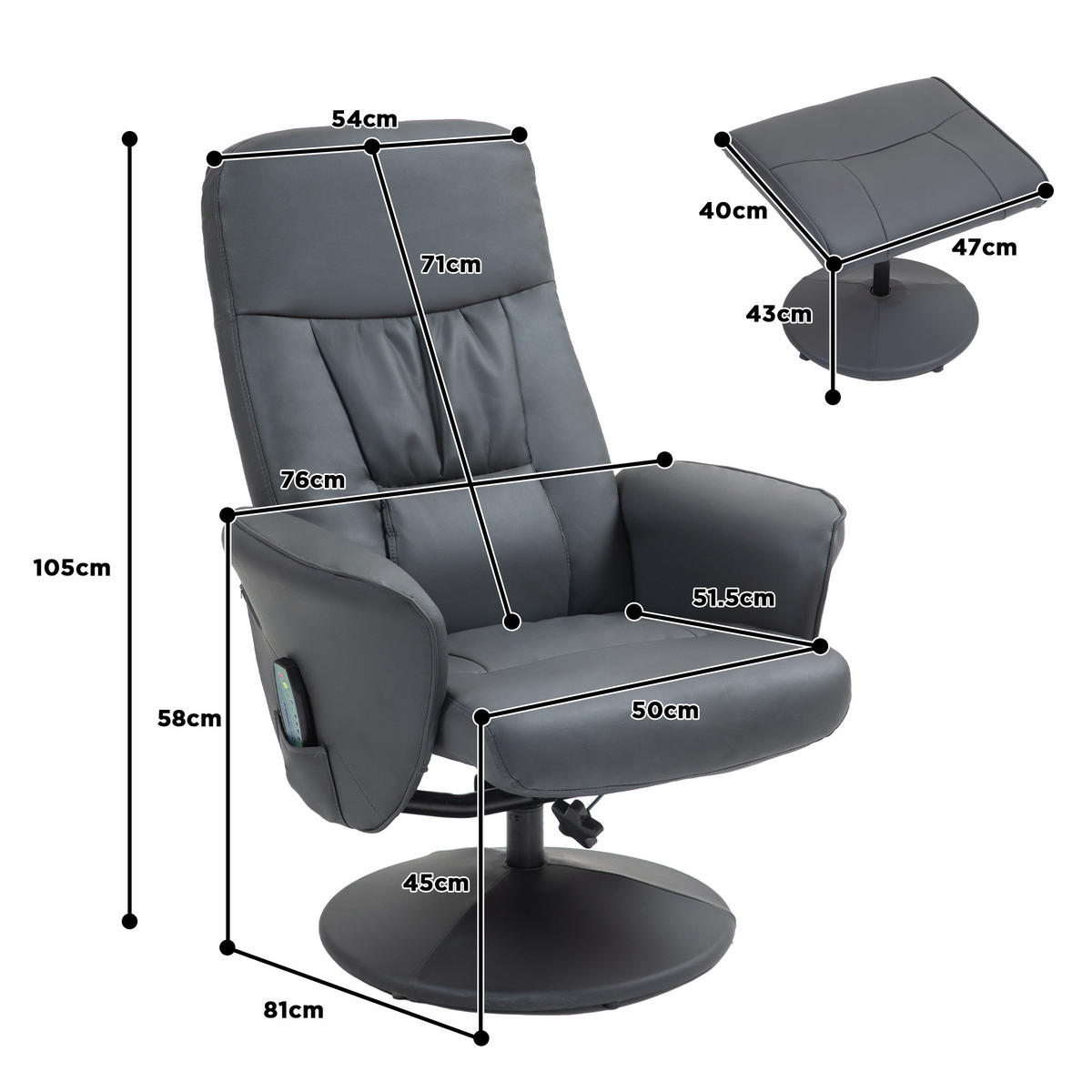 RELAXSESSEL mit Fußhocker, Elektrischer Massagesessel mit Liegefunktion - Dunkelgrau, Metall (81/105/76cm) - HOMCOM