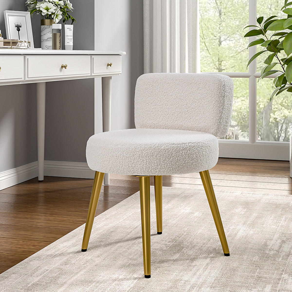 SCHMINKTISCHHOCKER 45/47/60 cm Rückenlehne Metallbeine Teddystoff Cremefarbe - Goldfarben/Creme, Textil/Metall (45/60/47cm) - Livingandhome