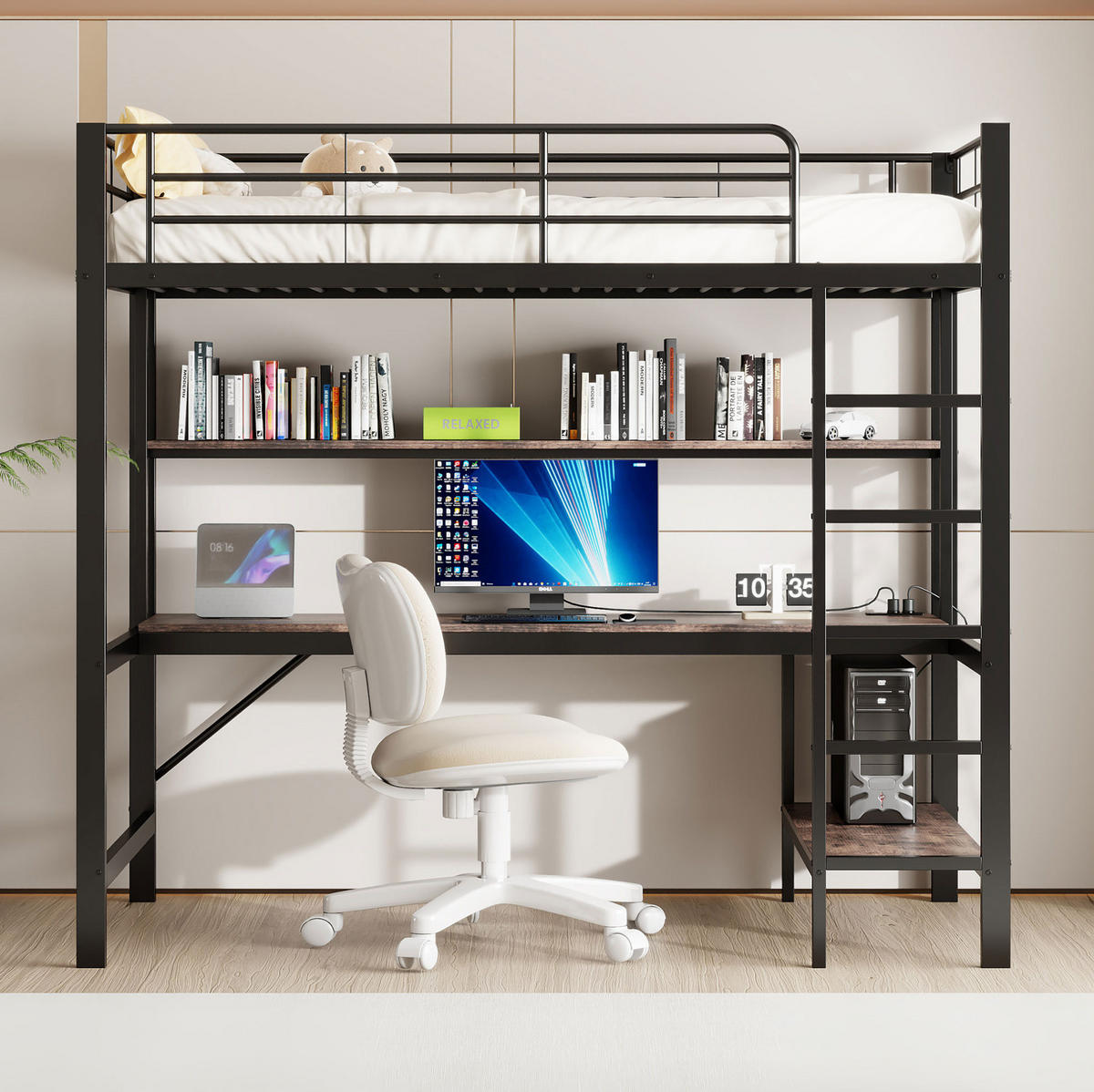 HOCHBETT aus Metall und MDF 90x200 cm Schwarz mit Schreibtisch, Regal, USB, Steckdose und LED-Ambientelicht - Schwarz, Metall (70/180cm) - Modfu