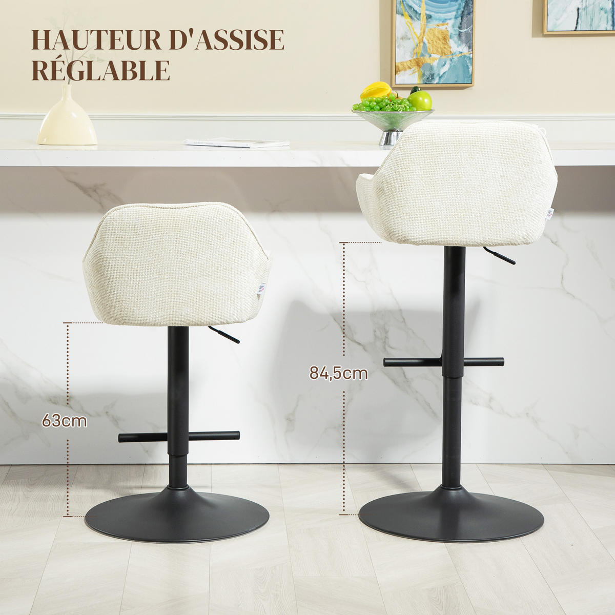 BARHOCKER 2er-Set DE-14749 höhenverstellbar mit Leinenbezug Creme - Creme, Metall (53/108/52.5cm) - ComfortXL