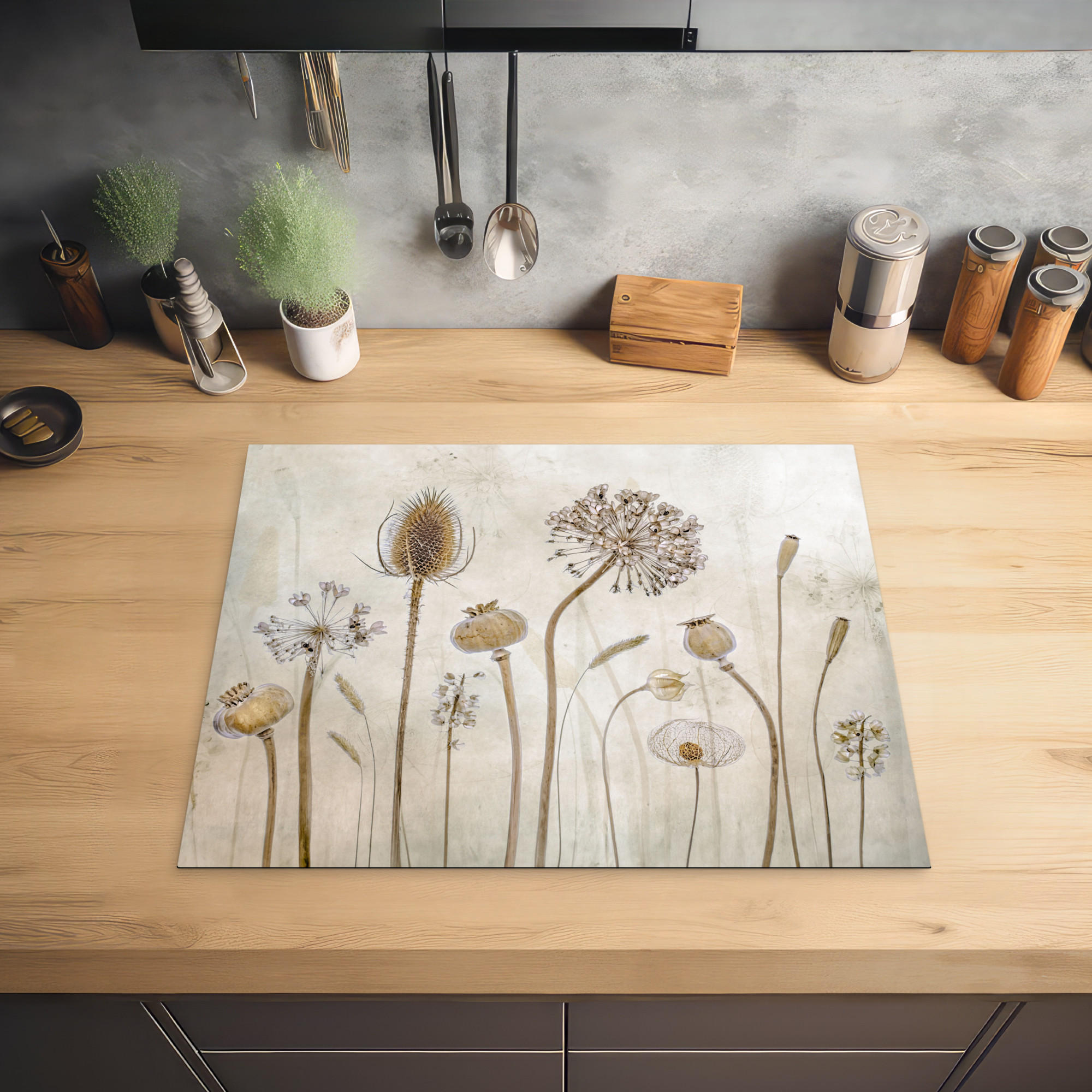 HERDABDECKPLATTE Blumen - Aquarell - Stilleben - Braun - Vintage 65x52 cm - Sandfarben, Kunststoff (65/0.2/52cm) - MuchoWow
