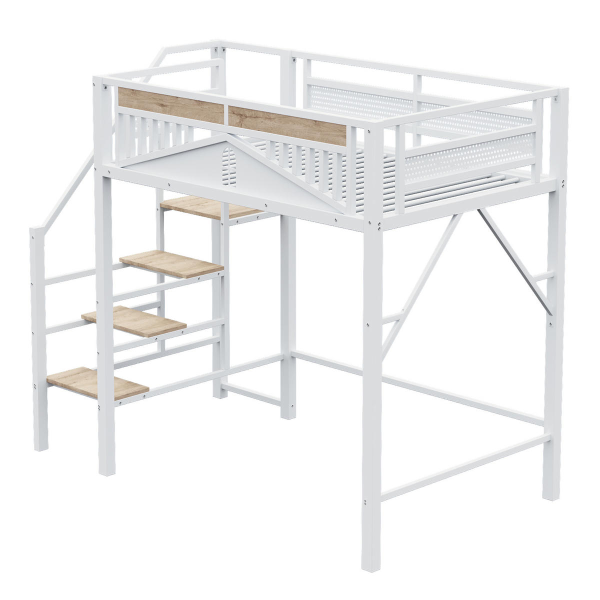 HOCHBETT 140/200 cm aus Metall und Holz mit Sicherheitsleiter, Stauraum und Fensterdesign, Weiß - Weiß, Metall (140/200cm) - Redom