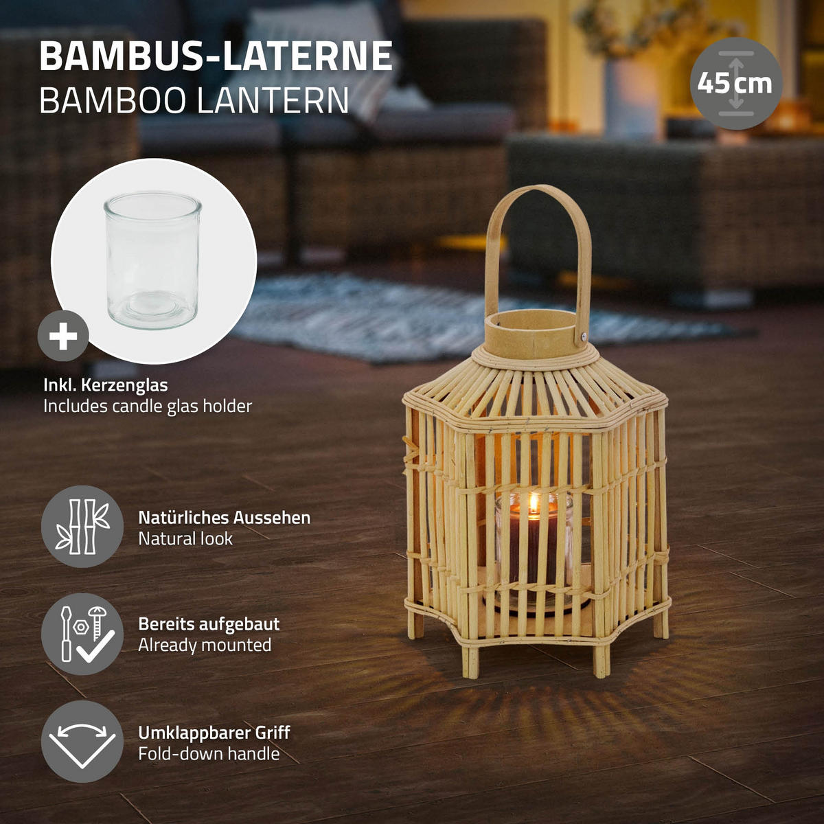 BAMBUSOVÁ LUCERNA V: 45 cm, barva dřeva, styl boho - přírodní, dřevo (25/45/25cm)