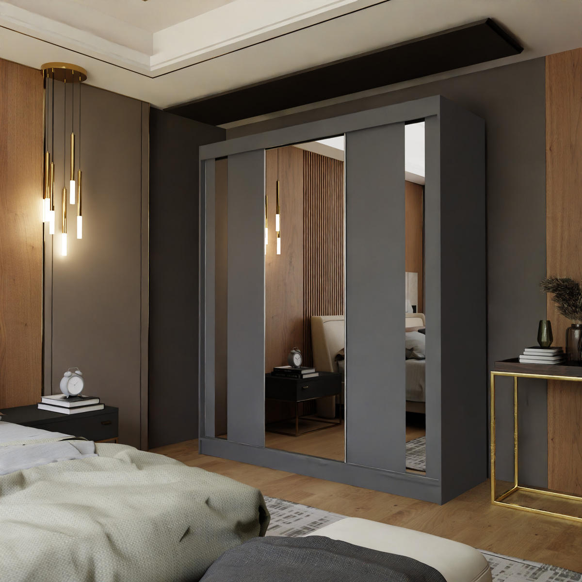 SCHWEBETÜRENSCHRANK GRAZIA 180/216/61 cm 3-türig mit Spiegel Grau - Grau, Holzwerkstoff (180/216/61cm) - MASSENO