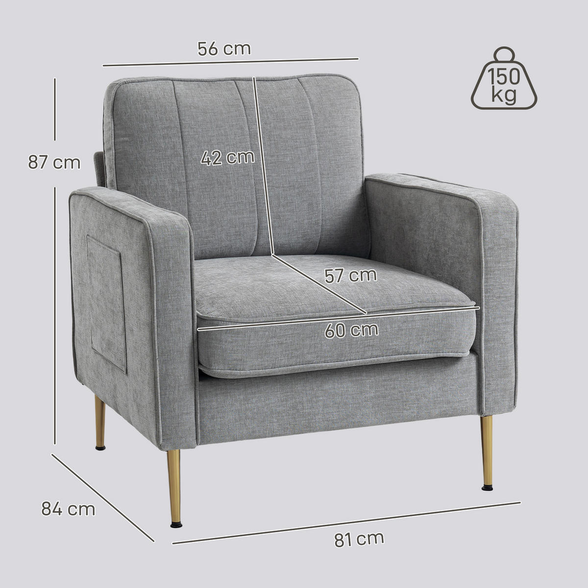 SESSEL DE-13486 mit Seitentaschen, Goldmetallfüßen Grau - Grau, Textil (84/87/81cm) - ComfortXL