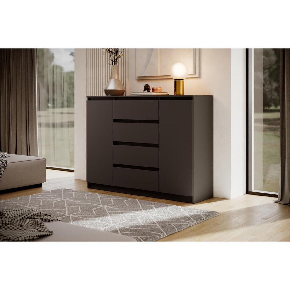 KOMMODE Lemon 140 cm mit zwei Türen und vier Schubladen Schwarzmatt - Schwarz, Holzwerkstoff (140/101.5/39cm) - Beautysofa