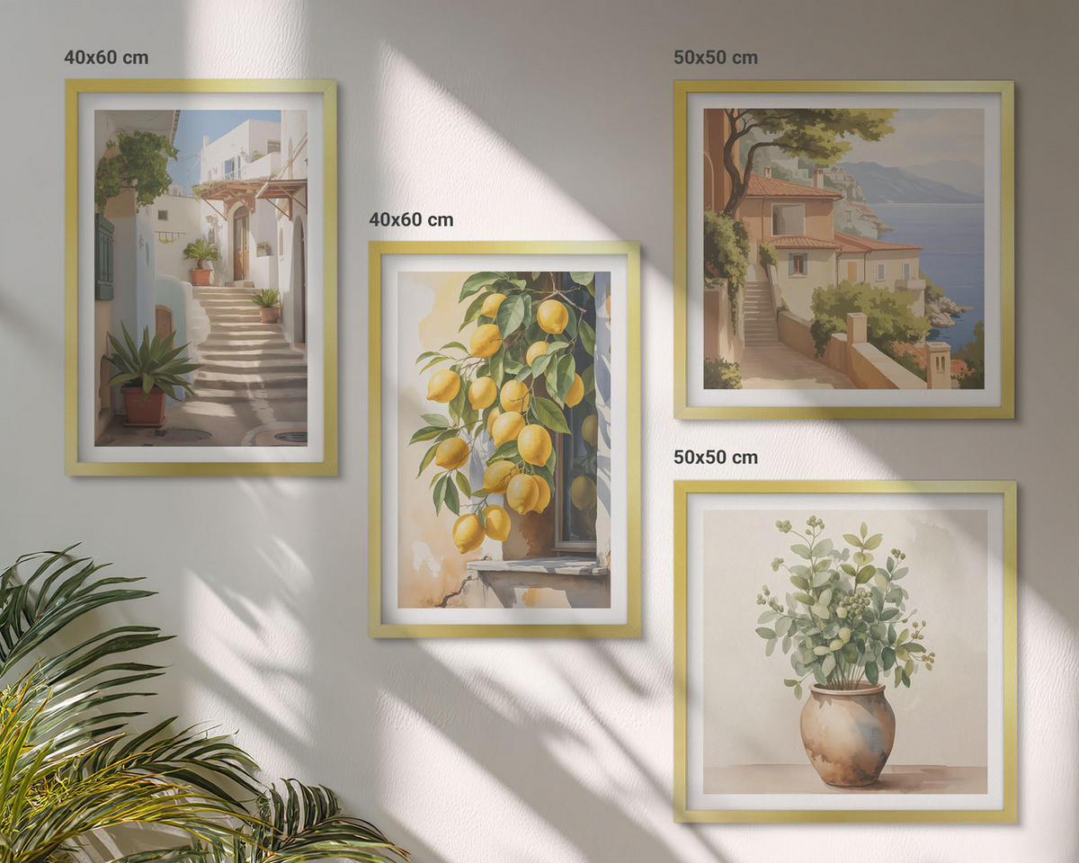 WANDBILDER 4er Set - 50x50 cm & 40x60 cm Goldrahmen - Zitronenblumen im Topf, Straßen - Goldfarben, Kunststoff (50/50cm) - ArtPrintCave