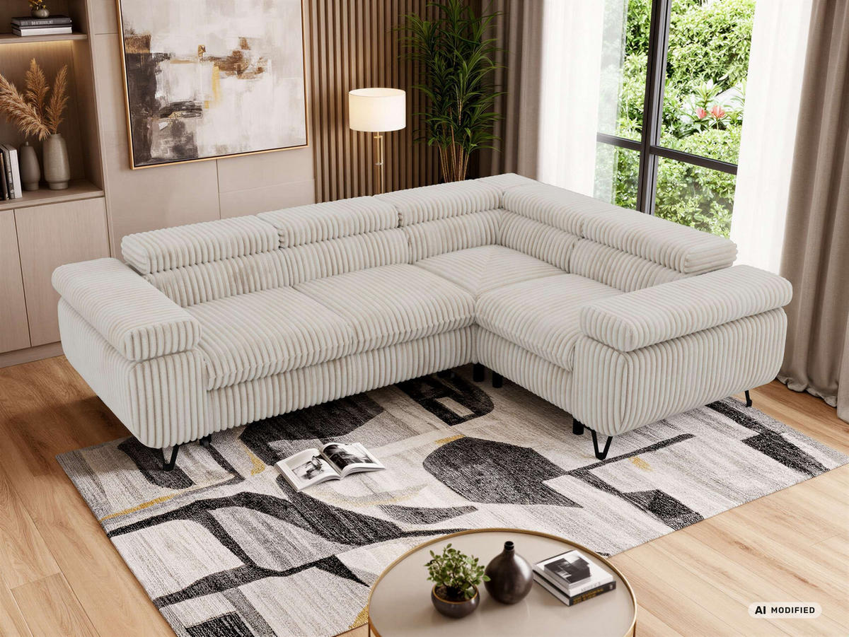 ECKSOFA FALCO L - Beige Cord - Rechts Seite - Beige/Creme, Textil/Metall (268/197cm) - MKS