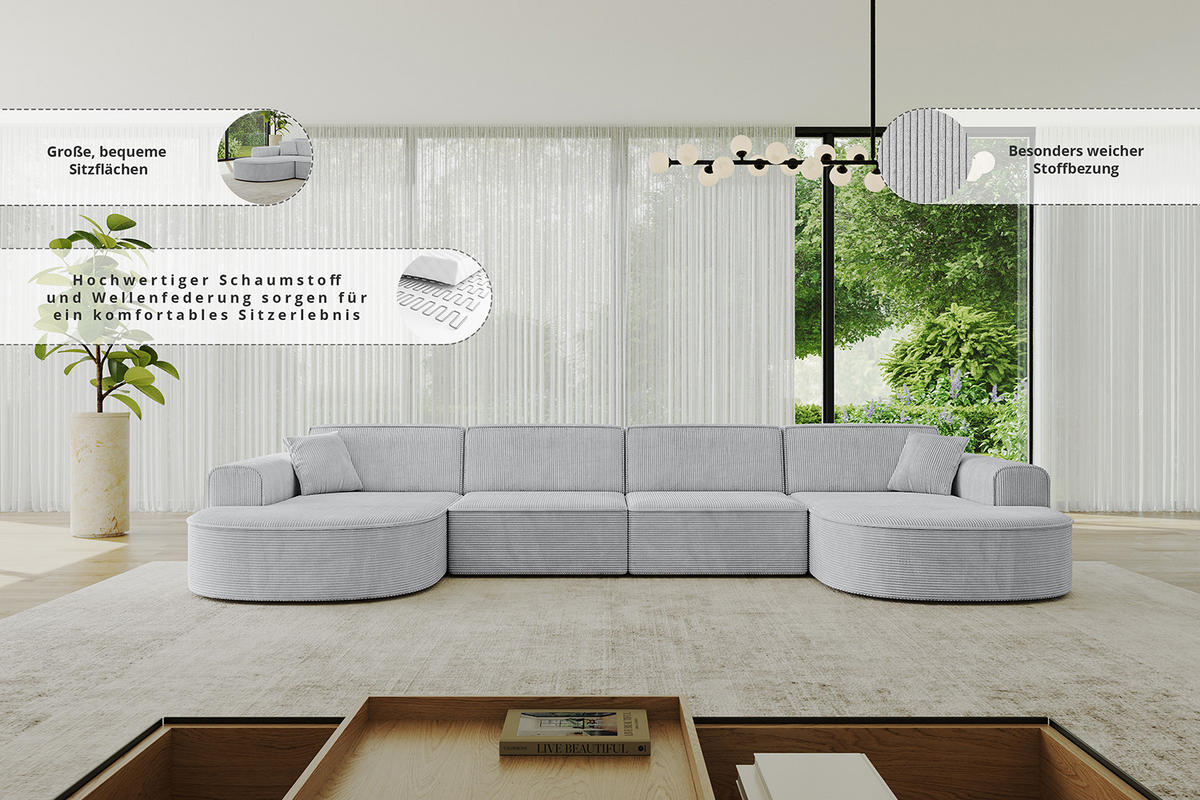 WOHNLANDSCHAFT MARI-U2 - 380x163x73,5 cm Dunkelgrau Cord - Dunkelgrau/Schwarz, Holzwerkstoff/Kunststoff (380/73.5/163cm) - ALTDECOR