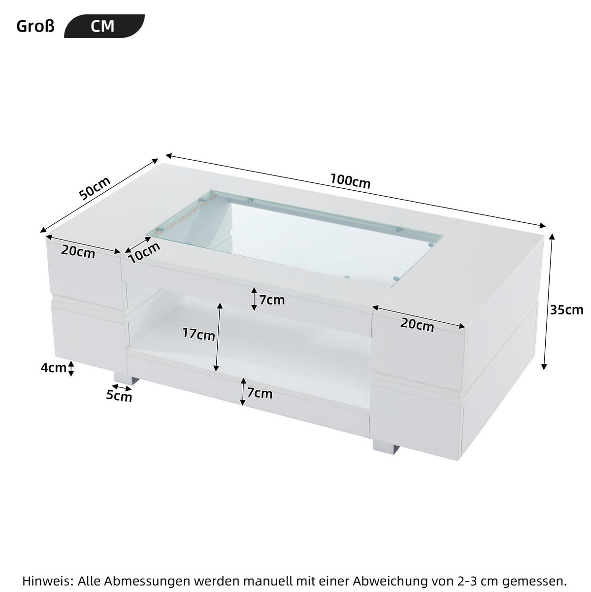 COUCHTISCH aus Spanplatte und Glas 100x50x35 cm Weiß mit LED-Beleuchtung und Stauraum - Weiß, Holzwerkstoff (100/50/35cm) - IVMEU