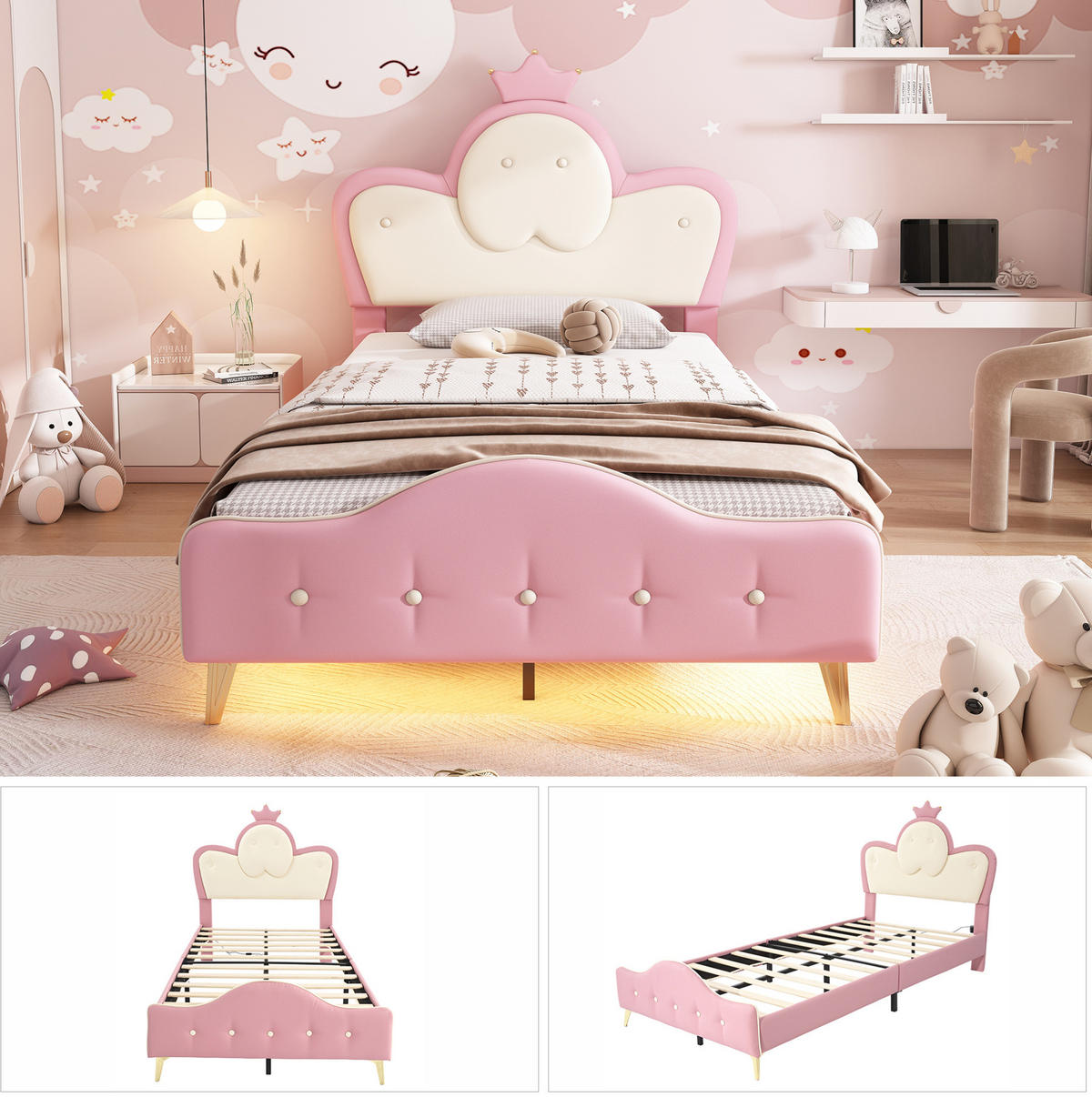 KINDERBETT Polsterbett 90/200 cm aus PU mit LED-Lichtleiste und Kronenkopfteil Rosa/Weiß - Weiß, Kunststoff (90/200cm) - Modenvie
