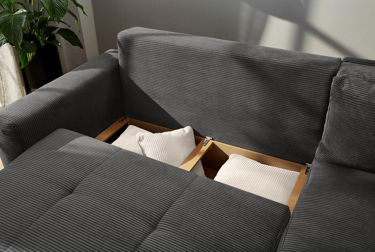 ECKSOFA-DAUERSCHLÄFER Boxspring Federkern Topper Bettkasten, seitenverkehrt montierbar B257/T206/H85 cm, Cord Grau Anthrazit / 15211 - Schieferfarben/Eichefarben, Holz/Textil (257/206cm) - luma-home