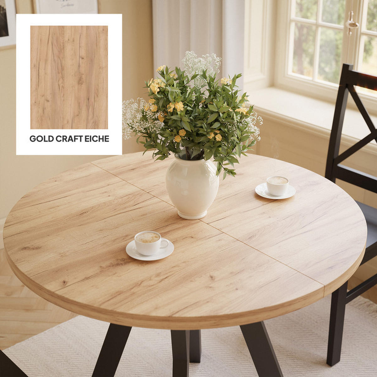 AUSZIEHTISCH YARA 100-180/76,5 cm, Artisan-Eiche Gold / Schwarz - Eiche Artisan, Holzwerkstoff/Metall (100/100/76.5cm) - Idohome