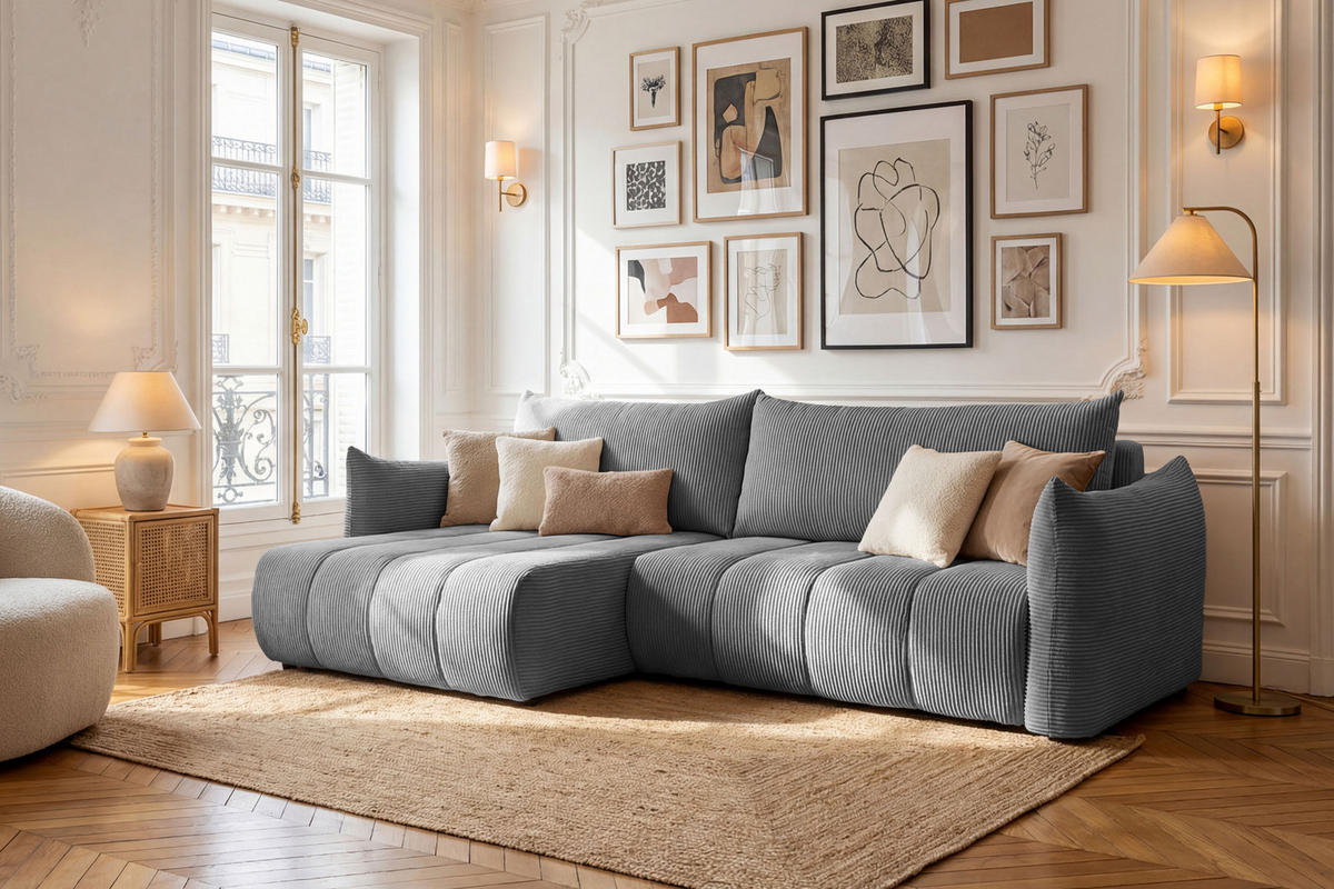 ECKSOFA Liv mit Schlaffunktion & Bettkasten in Cordstoff Grau, Universell 260/154/86 cm - Schwarz/Grau, Kunststoff/Textil (260/154cm) - WFL GROUP