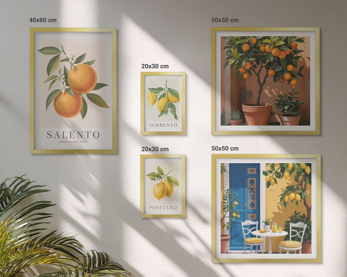BILDER SET 5er Set - 50x50 cm & 20x30 cm & 40x60 cm Goldrahmen - Zitronenorange Blütenmuster - Goldfarben, Kunststoff (40/60cm) - TULUP