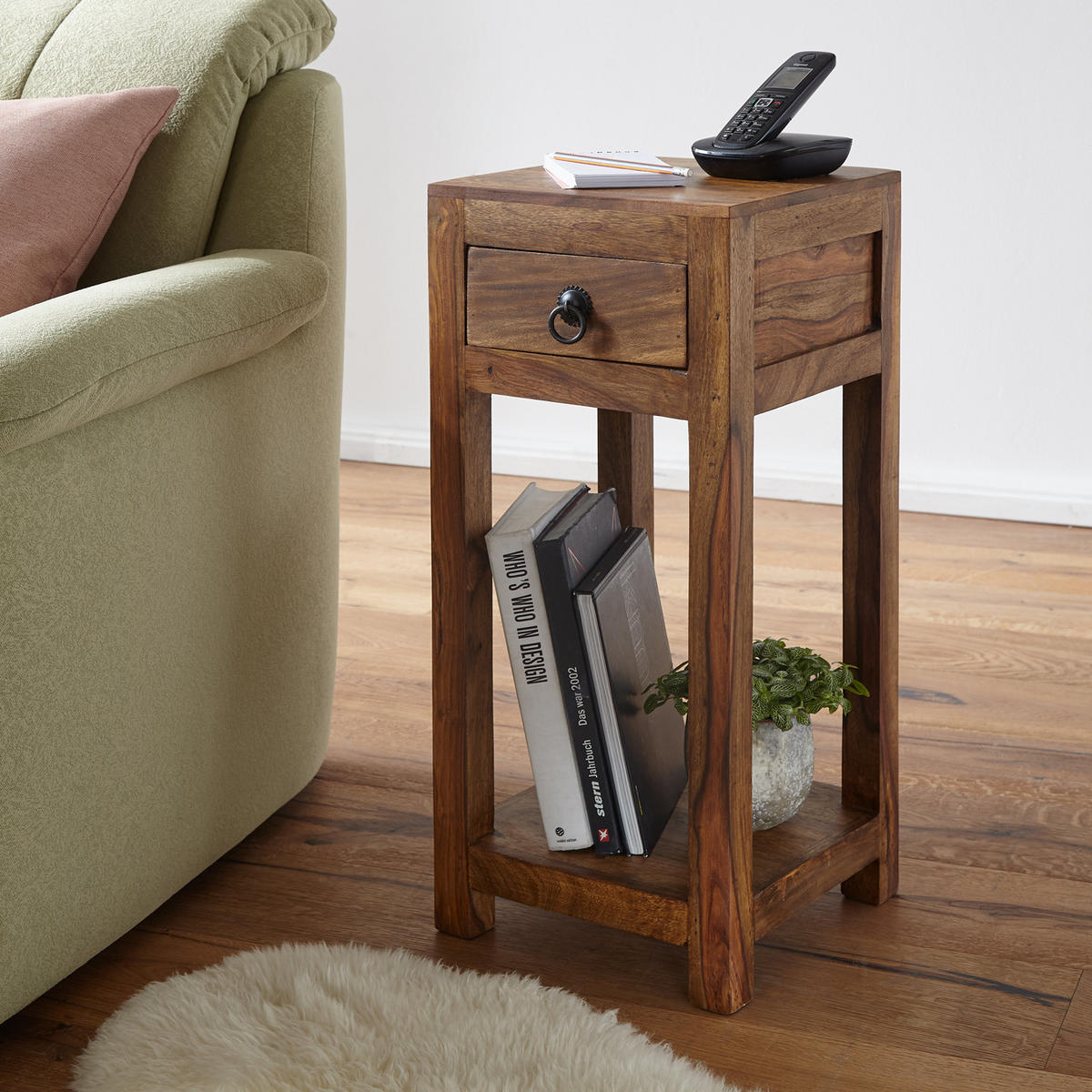 BEISTELLTISCH – Massivholz 30x30x68 cm mit Ablage und Schublade handgefertigt - Braun, Holz (30/30/68cm) - KADIMA DESIGN