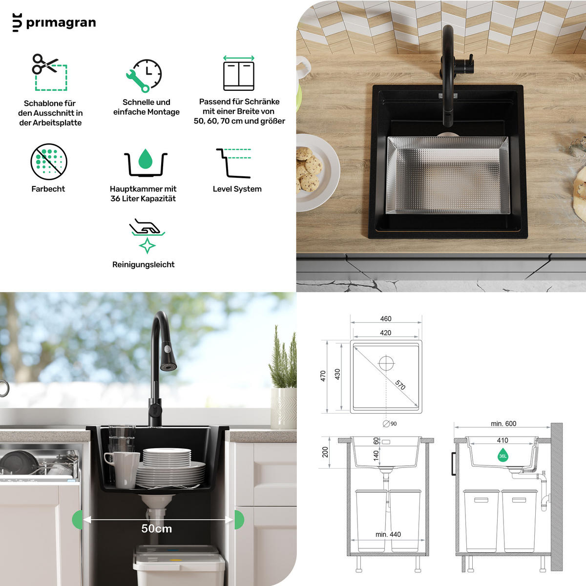 GRANITSPÜLE Praga Slim, 2-er set Weiß 46/47 cm 1 Becken + Küchenarmatur 40/20 cm + Ablauf-Set + Aufrollbare Abtropffläche ab 50er Unterschrank - Chromfarben/Weiß, Kunststoff (46/20/47cm) - Primagran
