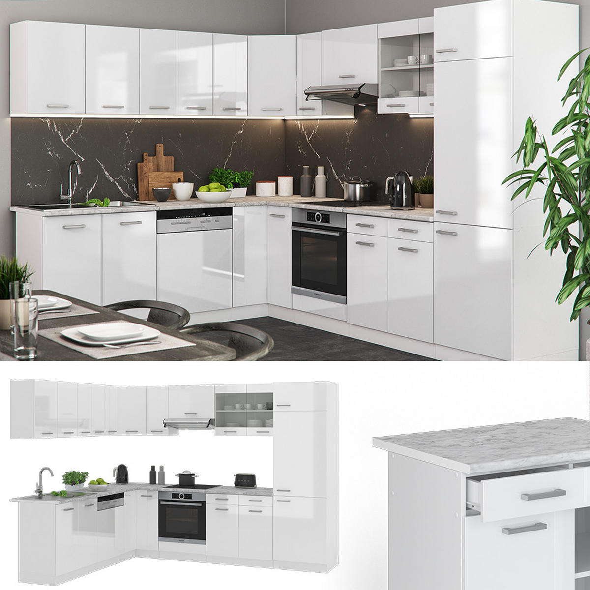 ECKKÜCHE R-Line Weiß 227 x 287 cm ohne AP - Weiß Hochglanz/Weiß, Holzwerkstoff (287/81.6/46cm) - Vicco