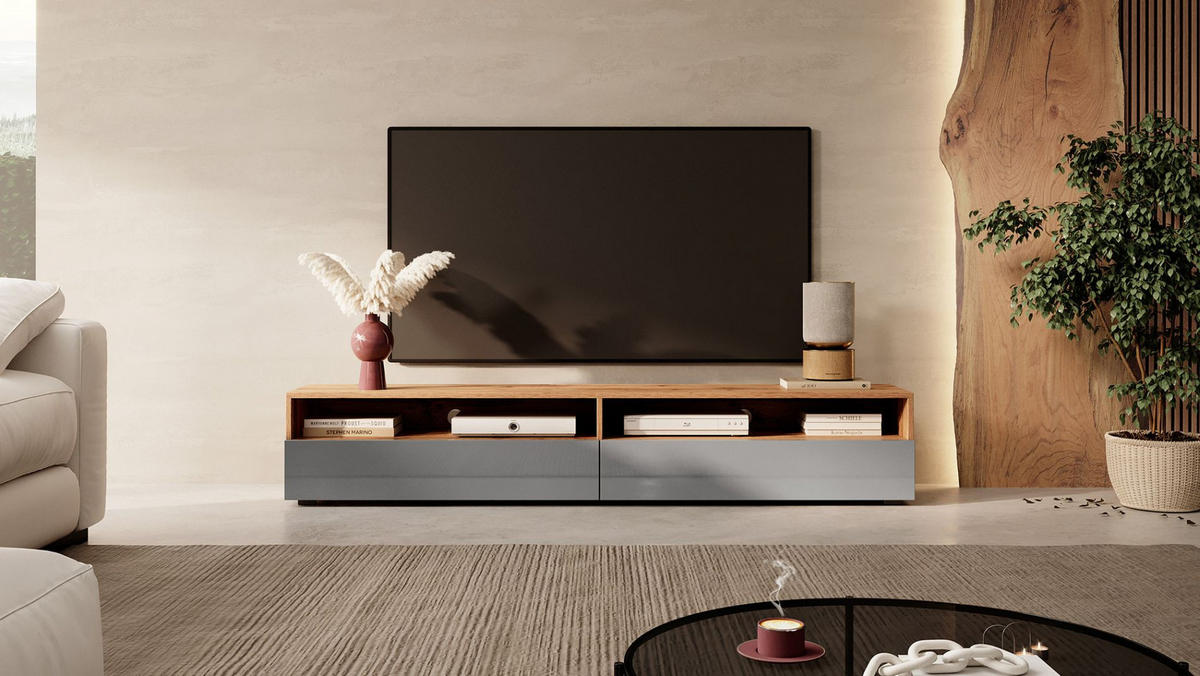 TV-LOWBOARD Rednaw Eiche/Grau Hochglanz 180 cm - Eiche Wotan/Grau, Holzwerkstoff (180/30/31cm) - Selsey
